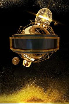 an artistic image of a golden object in the air with gold dust around it and a black background