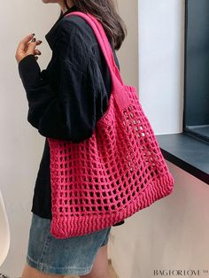 BagForLove - Large Capacity Crochet Bag with Neon Pink Hollow Out Design Summer Crochet Bag, Summer Bag Crochet, Crochet Summer Bag, Crochet Small Bag, Crochet Market, Knit Bag, Mode Crochet, Retro Bags, Hippie Bags