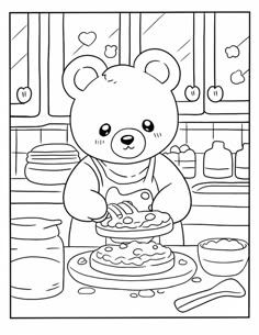 a coloring page with a bear in the kitchen preparing food for someone to eat it