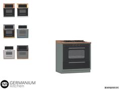 an image of a kitchen setting with ovens and stoves in different positions on white background