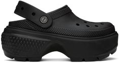 Lightweight Croslite™ EVA foam rubber slip-on sandals in black. · Perforated detailing at vamp · Logo-embossed convertible slingback strap · Logo embossed at heel · Molded rubber footbed · Textured platform rubber midsole · Treaded rubber sole · Logo-engraved hardware · Platform: H2.5 Supplier color: Black Crocs Platform, Platform Crocs, Black Crocs, Crocs Black, Platform Clogs, Black Platform, Eva Foam, Black Rubber, Mule Clogs