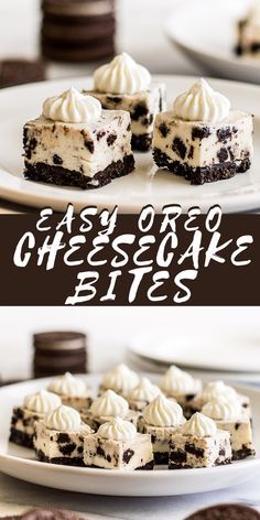 cheesecake bites with oreo cookies and whipped cream on top are served on white plates