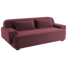 a red couch with three pillows on it's back and one arm folded up