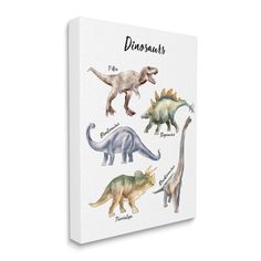 an illustrated book with dinosaurs and their names on the cover, showing different types of dinosaurs