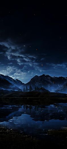 the night sky is lit up with stars and clouds over mountains, reflecting in a body of water