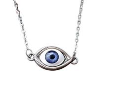 "A detailed antique silver Blue Eyeball charm suspends from a high quality silver link chain with a matching clasp. Your necklace will come in a velvet pouch for gifting and storage. Measures: 18\" Eyeball: 1/2\" x 1\"" Eyeball Necklace, Silver Link Chain, Velvet Pouch, Silver Blue, Link Chain, Handmade Silver, Antique Silver, Necklace Etsy, Jewelry Necklace Pendant