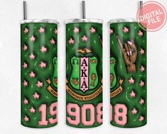 three green and pink tumblers with the words ahana on them