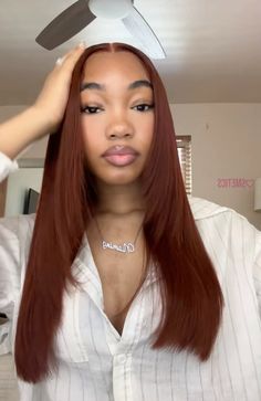 Red Brownish Hair Color, Auburn Weave Black Women, Cinnamon Color Hair Black Women, Copper Highlights Black Women, Ginger Auburn Hair Black Women, Dark Skin Wig Colors, Reddish Brown Hair Black Women, Auburn Wigs For Black Women, Auburn Brown Hair Black Women