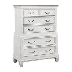 a white dresser with drawers and handles on it's sides, against a white background