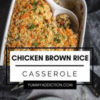 a casserole dish with chicken brown rice and carrots