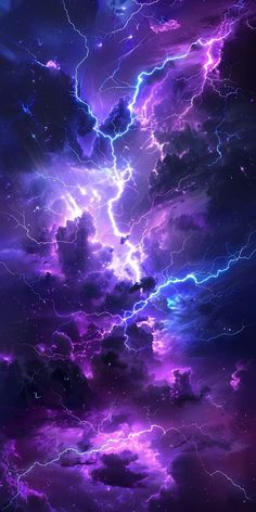 the sky is filled with purple and blue lightnings as if it were taken from space