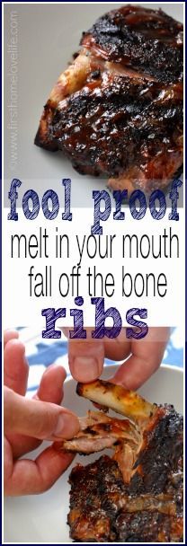 someone is holding some meat in their hands and the words fool proof melt in your mouth fall off the bone ribs