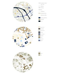 the map shows different streets and directions for each area, including two circles with buildings on them