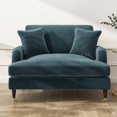 a blue couch sitting on top of a hard wood floor next to a potted plant