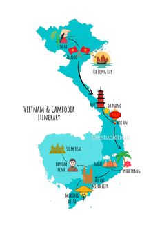 an illustrated map of vietnam and cambodia with all the major tourist attractions in each country