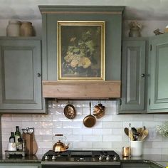 Tudor Kitchen Cabinets, Painted Cabinets Kitchen Ideas, Best Kitchen Upgrades, Vintage Cabinet Colors, Vintage Traditional Kitchen, Green French Country Kitchen, Granite With Green Cabinets, English European Kitchen, Sw Thunderous Cabinets