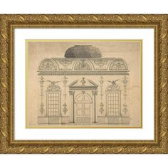 a drawing of a building with windows and arches on the front, in a gold frame