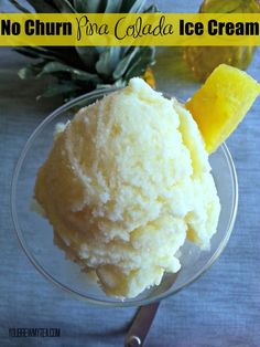 no churn pine colade ice cream in a glass bowl