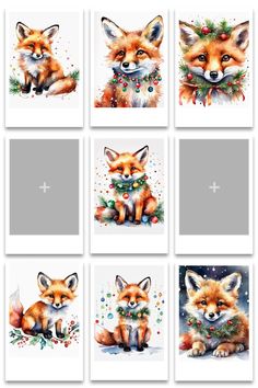 four pictures of foxes with christmas decorations on them