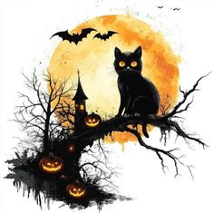 a black cat sitting on top of a tree with pumpkins in front of it