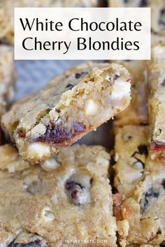 white chocolate cherry blondies stacked on top of each other with the title above it