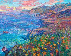 a painting of the ocean and mountains with flowers growing out of it's sides