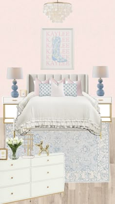 a bedroom with pink walls and white furniture