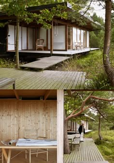 two pictures show the inside and outside of a cabin in the woods, with wood flooring