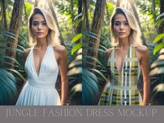 three different photos of a woman wearing a dress in the woods, with text overlay that reads jungle fashion dress mockup