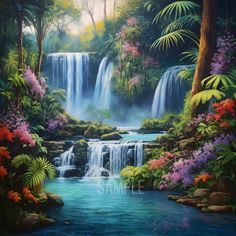 a painting of a waterfall surrounded by trees and flowers