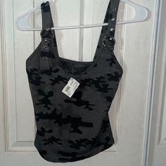 Nwt! Never Worn And Super Cute! Straps Have Buckles On Them. See Pics For Details Casual Camouflage Sleeveless Top, Y2k Style Black Cami Tank Top, Casual Camouflage Tank Top, Black Y2k Sleeveless Tank Top, Fitted Camouflage Sleeveless Top, Black Y2k Tank Strap Crop Top, Black Y2k Cami Tank Top, Fitted Sleeveless Camouflage Top, Sleeveless Camouflage Cotton Top