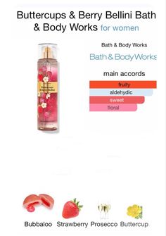 Body Mist Bath And Body Works, Buttercups And Berry Bellini, Berry Bellini, Bath Body Works Perfume, Bath And Body Works Mist, Strawberry Perfume, Fragrance Lab, Diy Perfume, Music Box Vintage