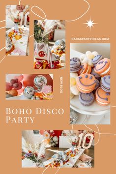 an advertisement for boho disco party with pictures of cakes and cupcakes on it