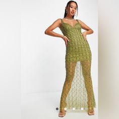 New With Tags Asos Design All Over Embellished Sequin Maxi Slip Dress In Olive Green The Kind Of Dress That Deserves Attention Sweetheart Neck Sleeveless Style Open Back Bodycon Fit Size 2 Bust 31” Waist 23.5 Green Beaded Party Dresses, Glamorous Embellished Spring Maxi Dress, Spring Glamorous Embellished Maxi Dress, Embellished Floor-length Green Sequin Dress, Embellished Green Floor-length Sequin Dress, Glamorous Embellished Green Maxi Dress, Green Embellished Sleeveless Maxi Dress, Green Sleeveless Embellished Maxi Dress, Sleeveless Embellished Green Maxi Dress