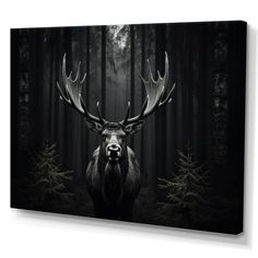 a black and white photo of a deer in the woods with trees around it's head