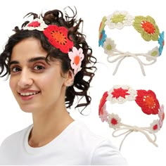 a woman wearing three crocheted headbands with flowers