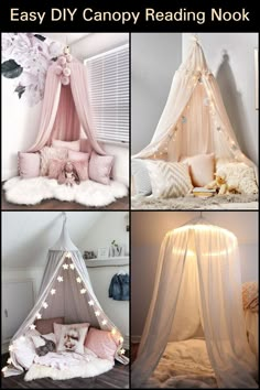 four different pictures of a canopy bed with fairy lights on the top and below it