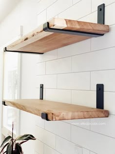 two wooden shelves with metal brackets on the wall next to a potted plant and window