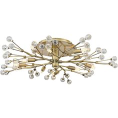 an image of a chandelier with crystal balls on the bottom and gold finish