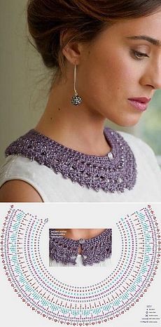 a woman wearing a purple crochet necklace and matching earrings with her hair in a bun