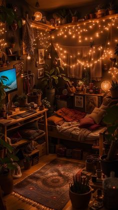 a bedroom with lights and plants on the wall