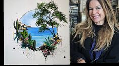 a woman standing next to a painting with trees and water in the background, and an image of a tree that has been painted on it