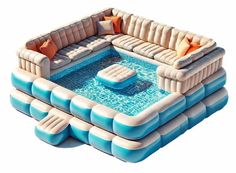 an inflatable couch with pillows on the top and bottom, sitting next to a pool