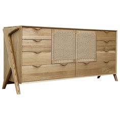 a wooden dresser with wicker doors and drawers