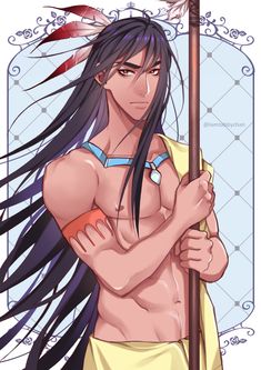 a man with long black hair holding a pole