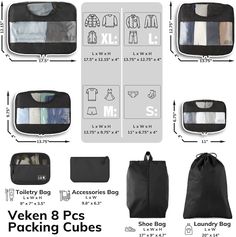 Amazon.com: Veken 8 Set Packing Cubes for Suitcases, Travel Essentials for Carry on, Luggage Organizer Bags Set for Travel Accessories in 4 Sizes (Extra Large, Large, Medium, Small), Black : Clothing, Shoes & Jewelry Travel Luggage Packing, Suitcases Travel, Carry On Packing Tips, Luggage Organizer, Black Luggage, Suitcase Organization, Travel Size Toiletries, Mens Toiletry Bag, Packing Luggage