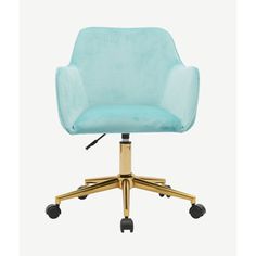 a light blue office chair with wheels and casteors