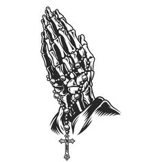 a black and white drawing of a hand holding a cross with rosarys on it