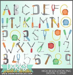 an alphabet made up of different tools