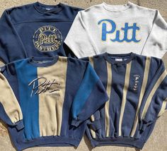 three sweatshirts that say pitt on the front and one with pitt on the back